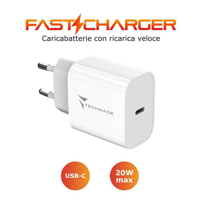 TECHMADE ALIMENTATORE UNIVERSALE TYPE C 20W FAST CHARGE BIANCO